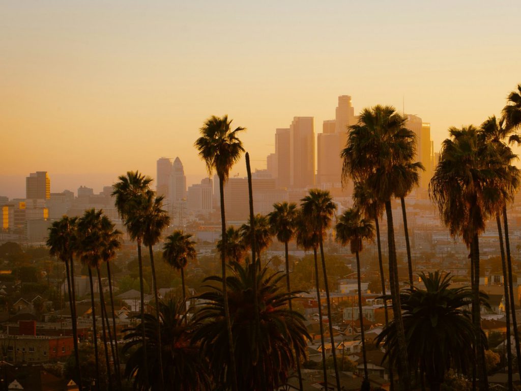 Rondreis Amerika, Los Angeles, palmbomen bij zonsondergang