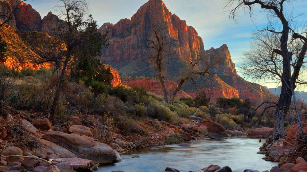 Rondreis Amerika, Zion National park, rivier met bergen op de achtergrond