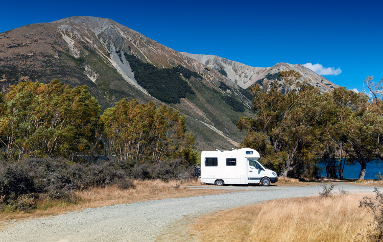 Motorhome camper bij Lake Pearson/Moana Rua Wildlife Refuge in Craigieburn Forest Park in Canterbury, Nieuw-Zeeland