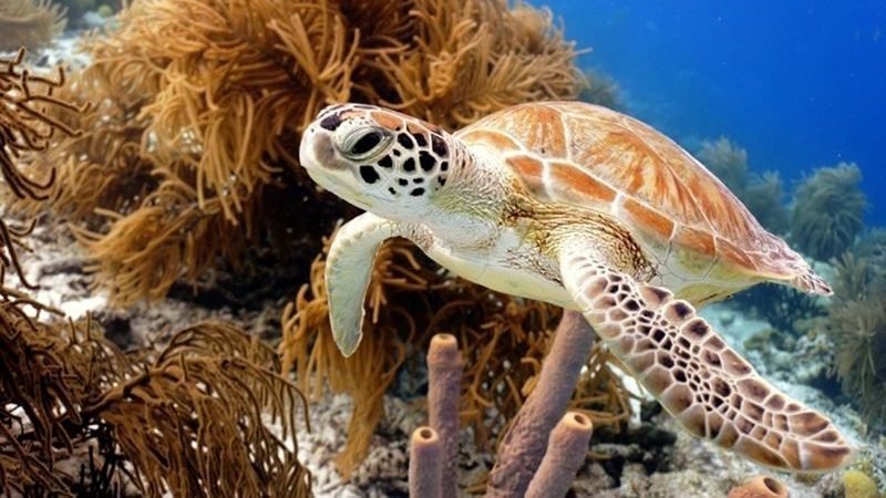 Bonaire zeeschildpad in de zee met koraal op de achtergrond