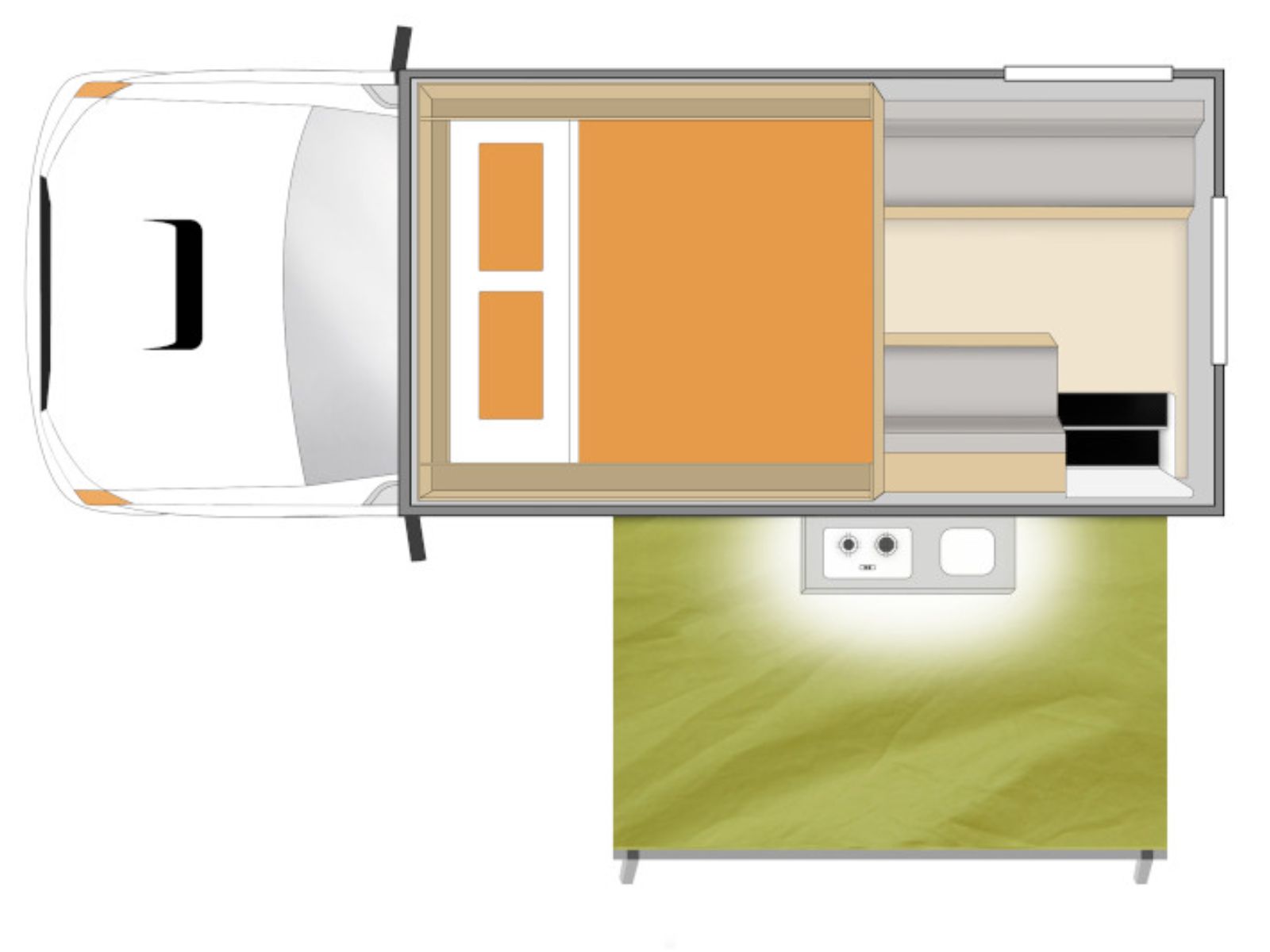 Apollo, Adventure Camper 4WD Floorplan Day En Night