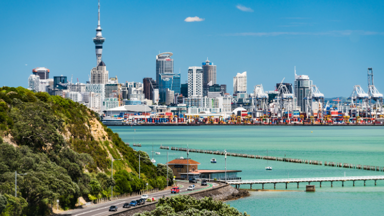 Skyline van Auckland vanaf Michael Joseph Savage Memorial Parl, Tamaki Drive, Auckland, Nieuw-Zeeland