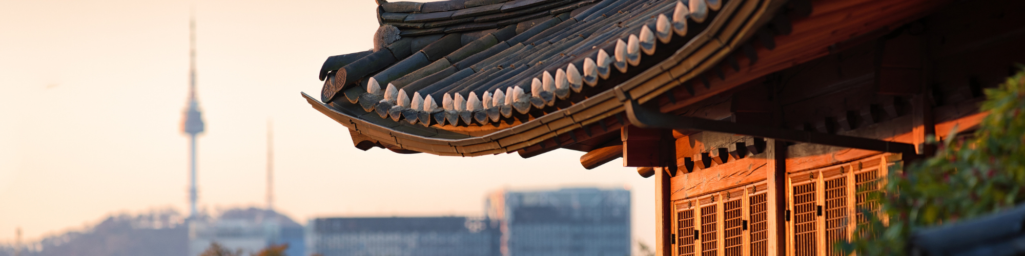 Rondreis Zuid Korea, Seoul, Bukchon Hanok Village, Uitzicht Op Moderne Gebouwen Banner