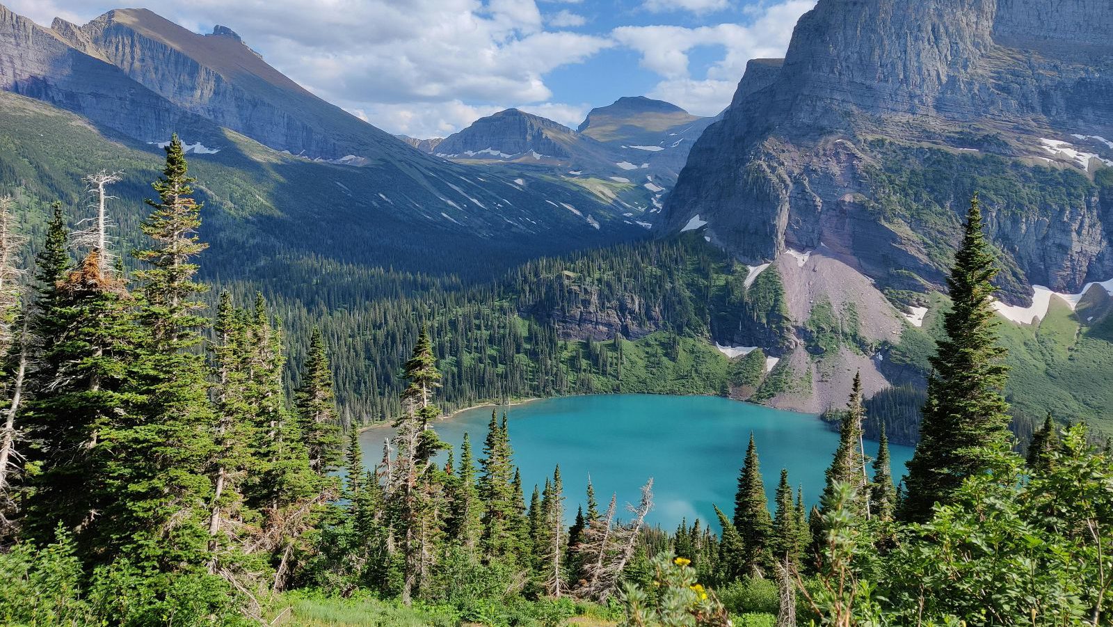 Rondreis Amerika, Glacier National Park, Meer met bergen en bossen van bovenaf