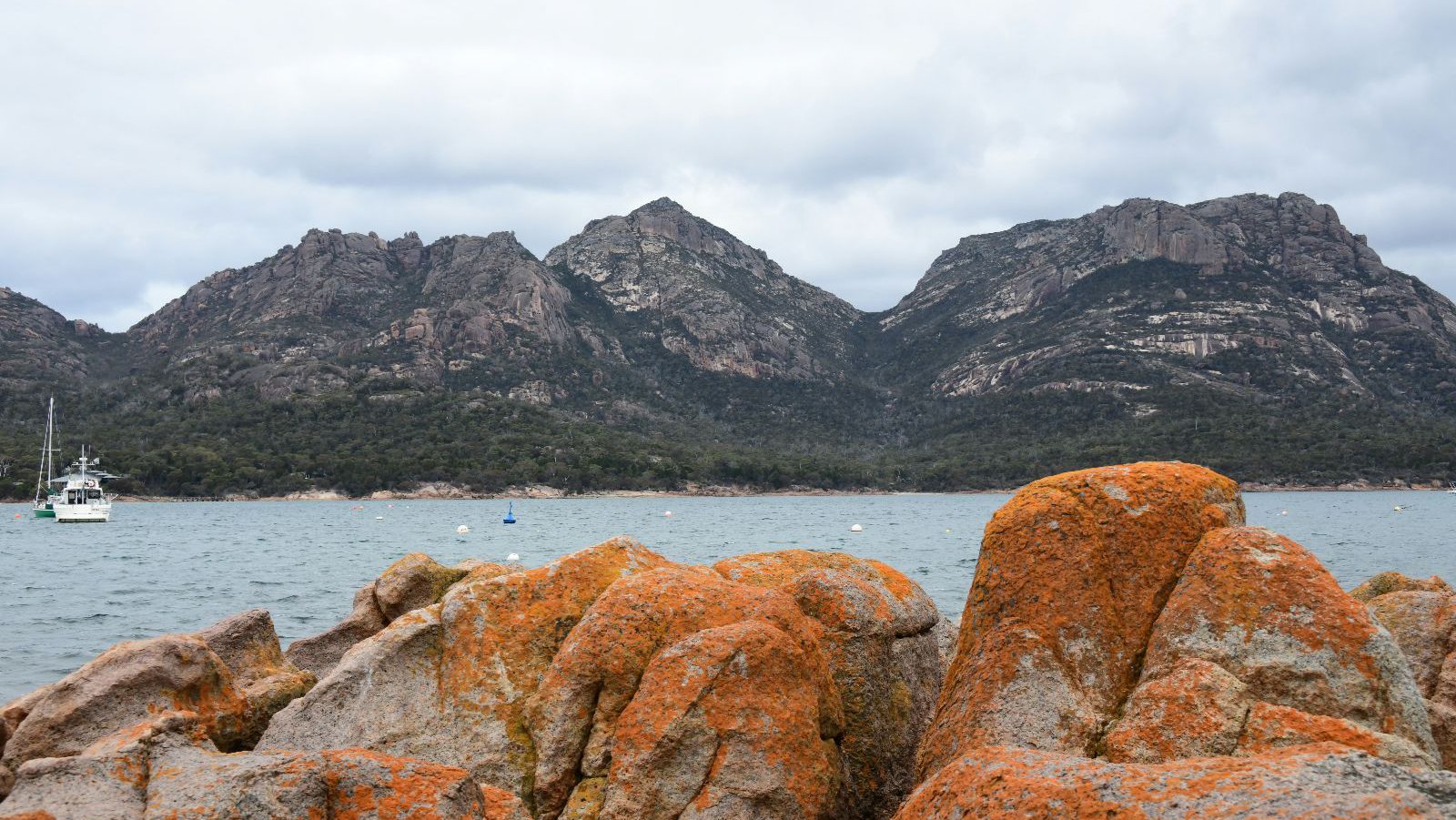 Rondreis Australië, Coles Bay, Boten op het water met rotsen