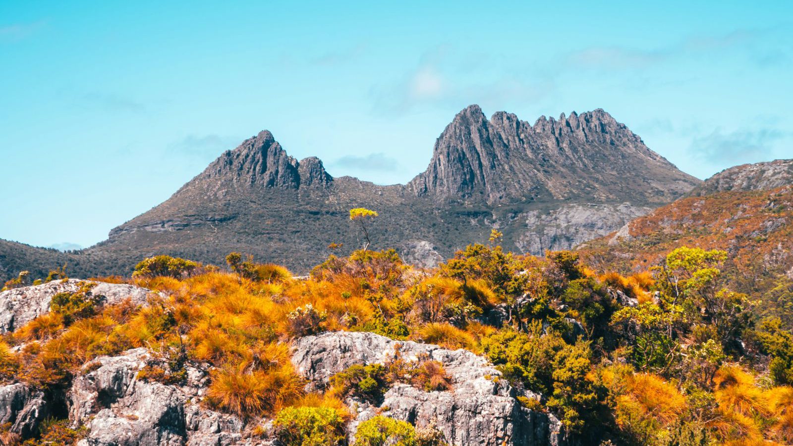 Rondreis Australië, Cradle Mountain National Park, Twee bergpieken in de achtergrond