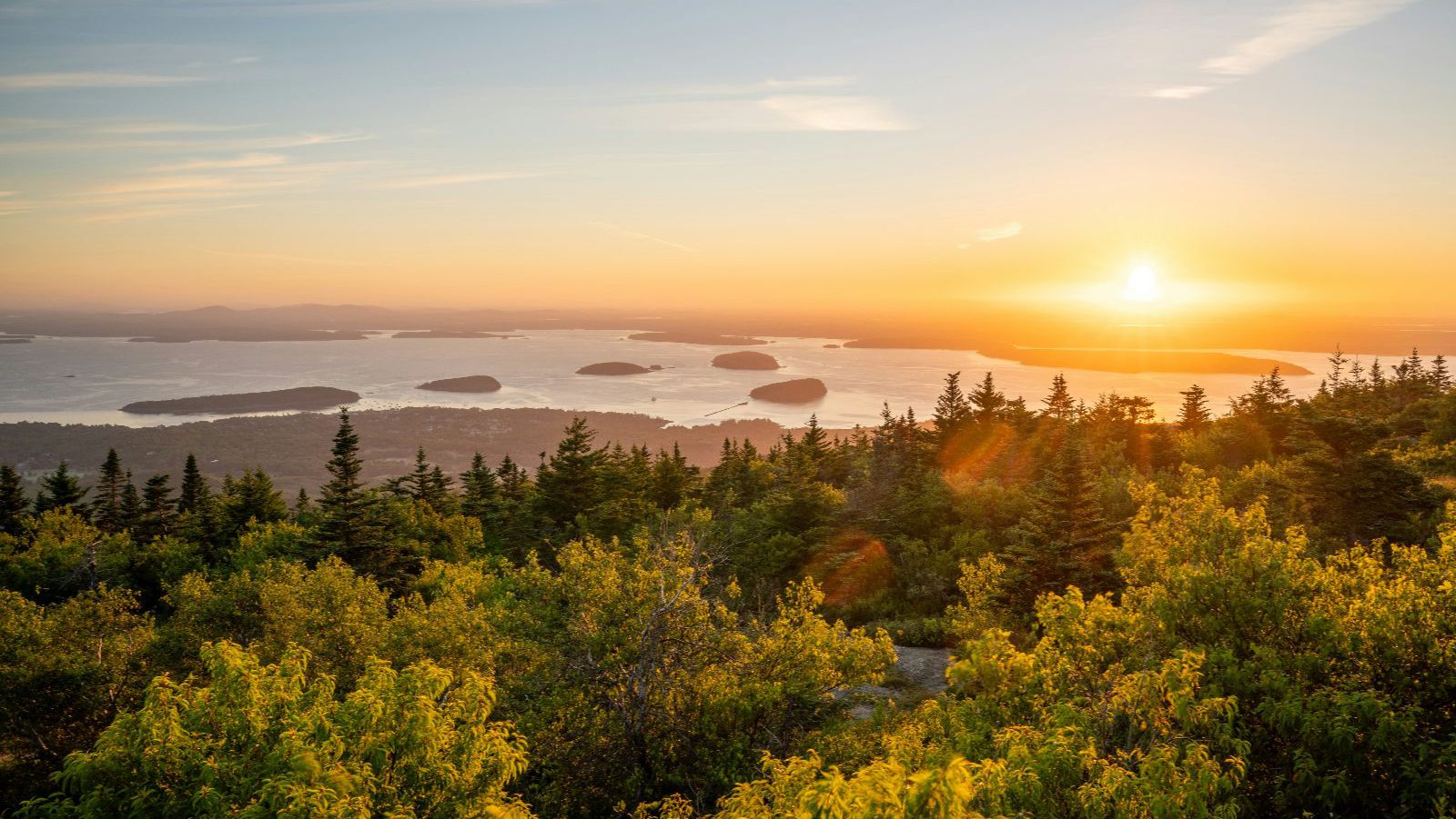Rondreis Amerika, Noordoost-Amerika, Acadia National Park, uitzicht bij zonsondergang