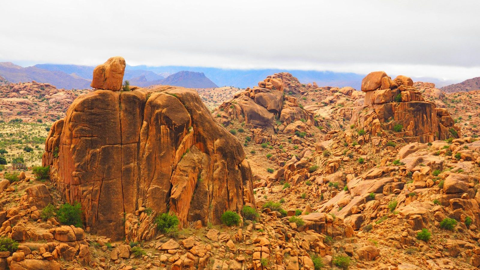 Rondreis Marokko, Tafraoute, Gele rotsen in bergachtig landschap