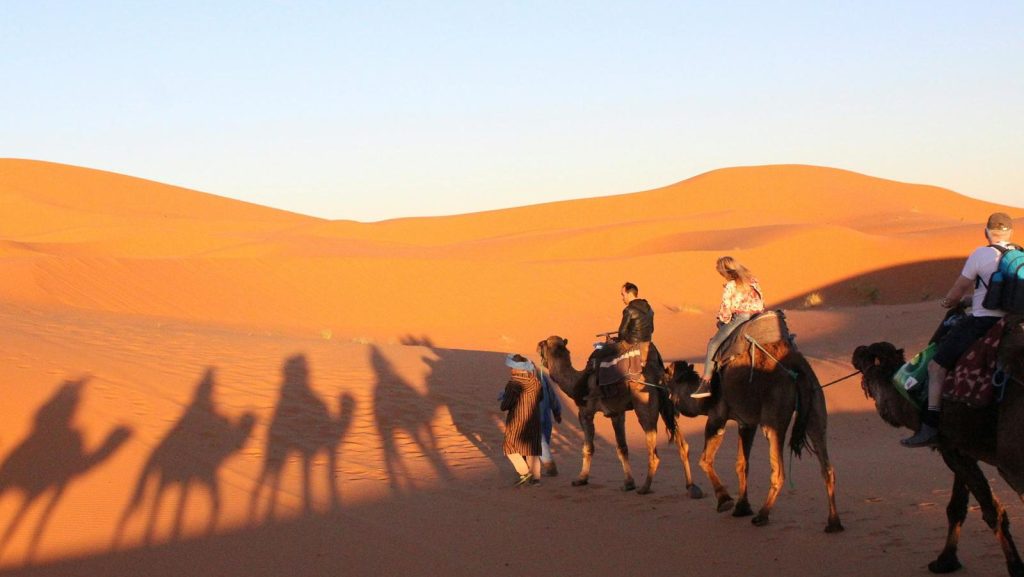 Rondreis Marokko, kamelentocht door de Sahara, kamelen in woestijn met reizigers