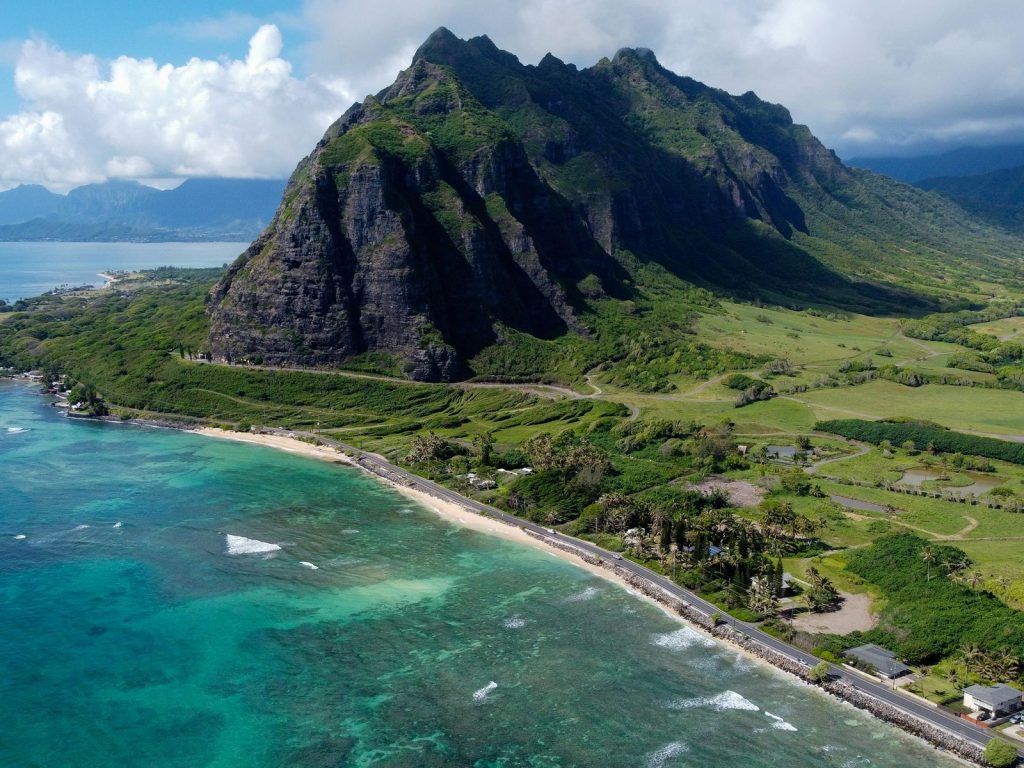 Rondreis Amerika, Hawaii, Ohau, bovenaanzicht Kualoa Beach